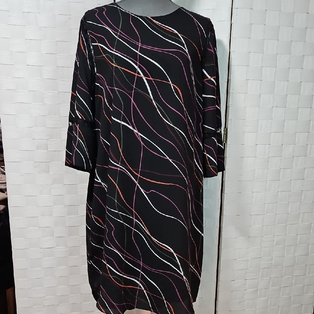 Apt. 9 Black Long Sleeve Dress with Colorful Wave Pattern